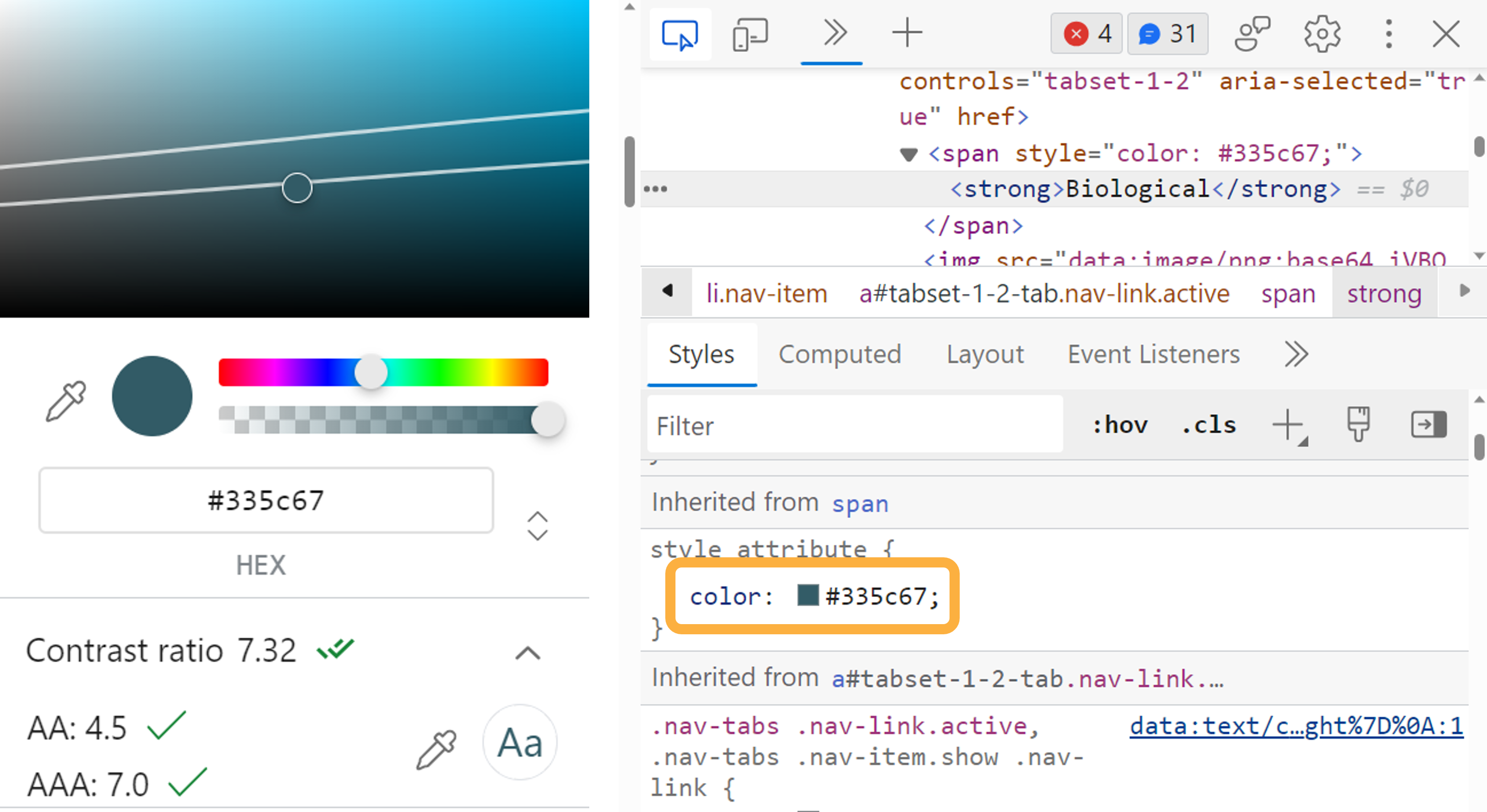 Clicking on the color attribute in the inspector pane opens a dialog that allows you to see the contrast ratio and adjust the color to meet accessibility guidelines.