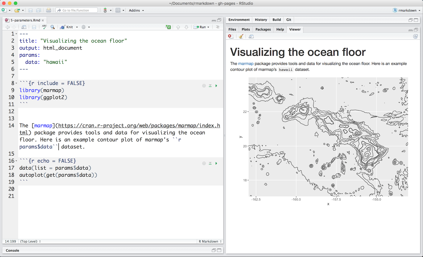 RStudio RMarkdown parameterized report project for mapping ocean floors.