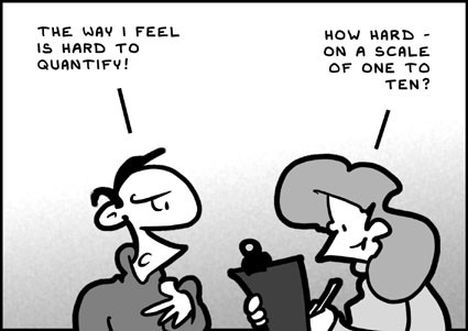 A comic of a person holding a clipboard asking another person 'How hard - on a scale of one to ten?' to which the other responds 'The way I feel is hard to quantify!'