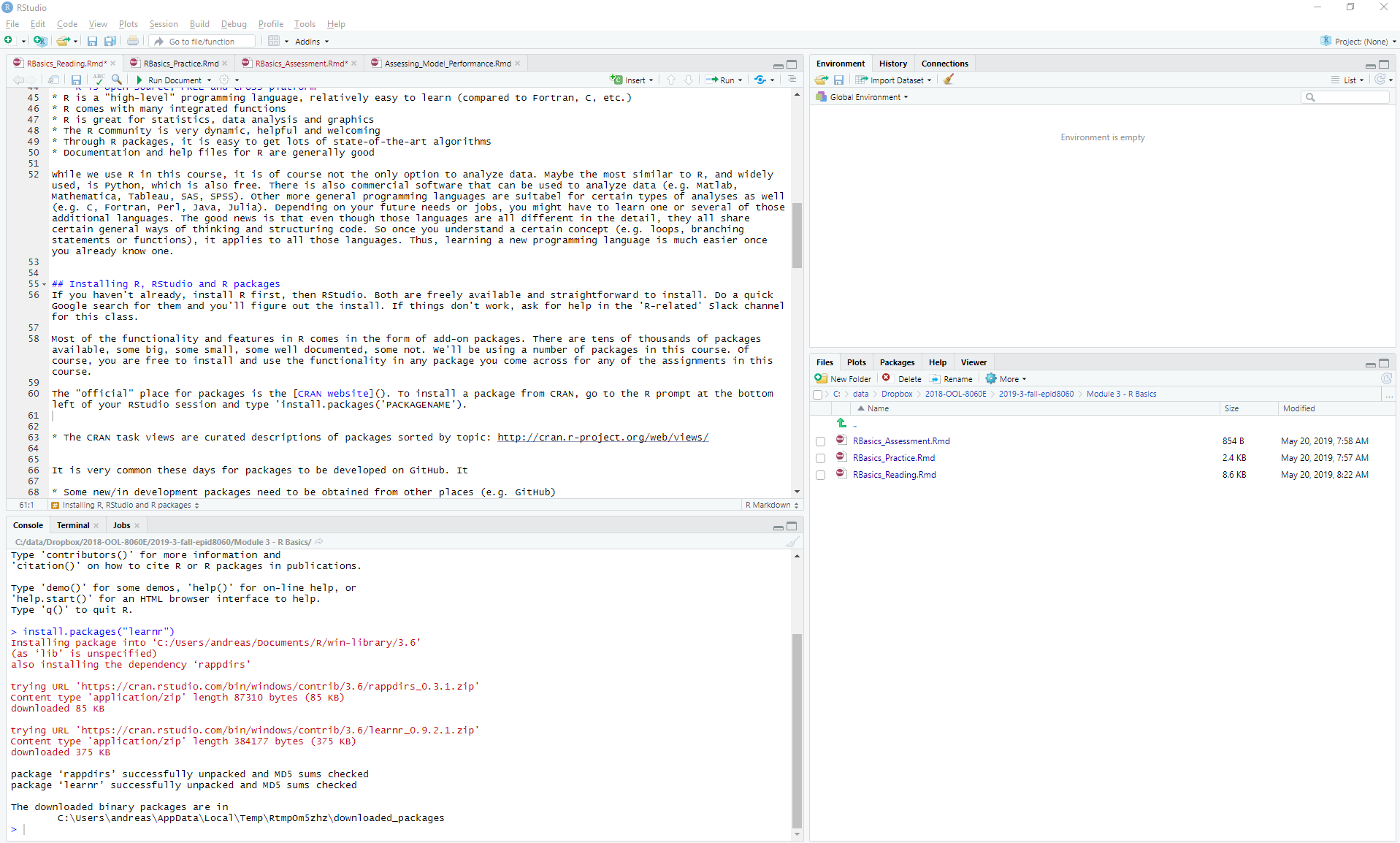 Screenshot of RStudio with the command 'install.packages(learnr)' in the console.