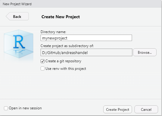 Screenshot of RStudio New Project Wizard with the directory named 'mynewproject' and the 'Create a git repository' checkbox marked.