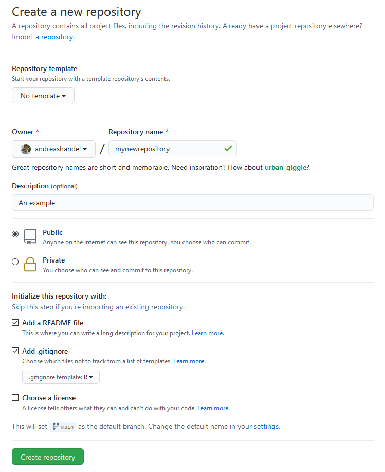 Screenshot of GitHub on the 'Create a new repository' page. The new repository is named 'mynewrepository', set to Public, and the boxes are checked for 'Add a README file' and 'Add .gitignore' with the .gitignore template set to R.